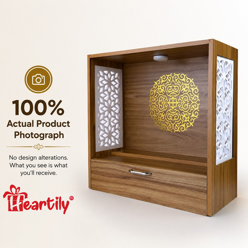 Actual product photograph of Heartily Unity wooden pooja mandir showing true teak finish, premium craftsmanship and authentic production quality.