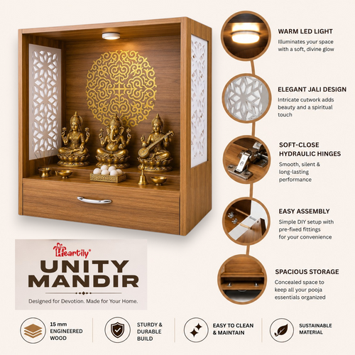DIY wooden pooja mandir with complete hardware kit, minifix assembly system and flat pack design for easy transportation.