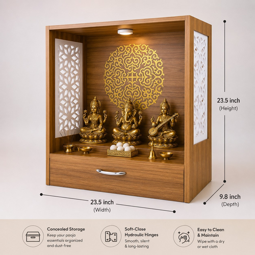 Large wooden pooja mandir 23.5 x 23.5 x 9.8 inch with storage drawer, warm LED light and spacious platform for multiple brass idols.
