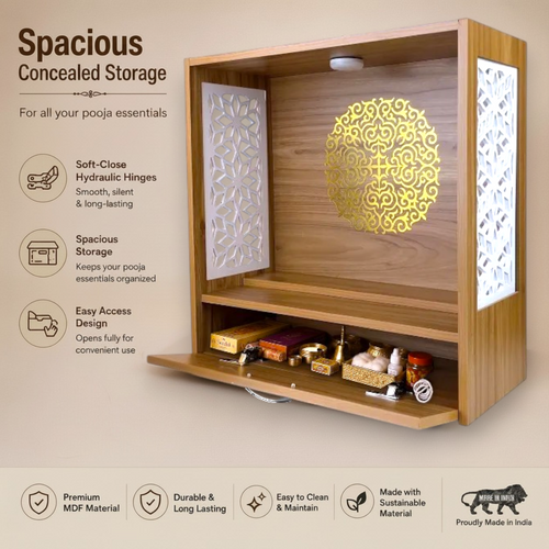 Wooden pooja mandir with concealed storage drawer, soft close hydraulic hinges, LED light and storage space for pooja essentials.