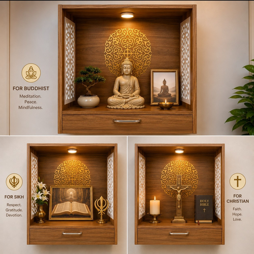 Heartily Unity wooden prayer shrine for Hindu, Buddhist, Sikh and Christian homes, modern wall mounted pooja mandir with universal floral design.