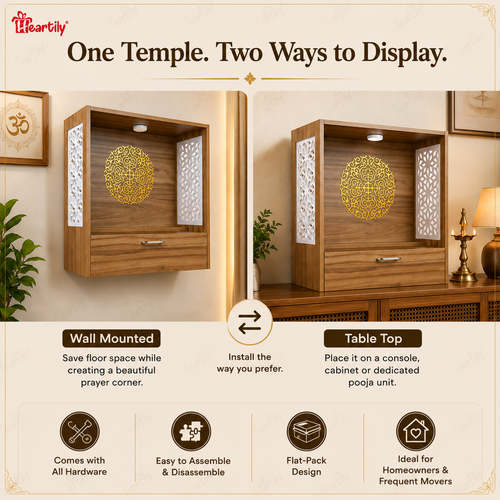 Wall mounted wooden pooja mandir or table top home temple with DIY assembly, flat pack design and easy installation.