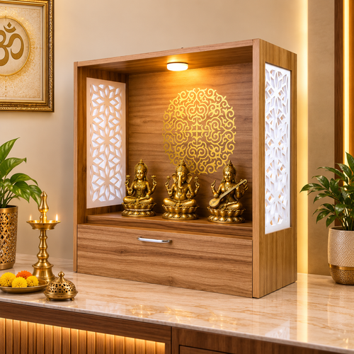 Heartily Unity wooden pooja mandir for home with LED light, storage drawer, wall mounted home temple, teak finish wooden mandir.
