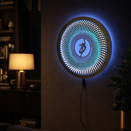 Decorative wall light with a circular design and blue glow on a dark wall.