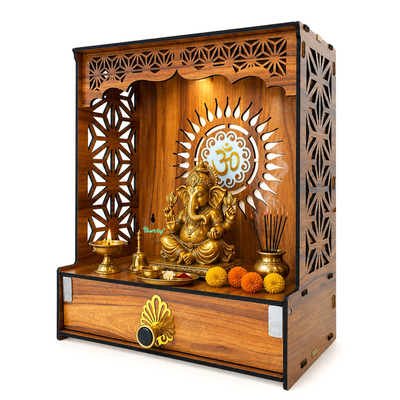 Heartily® Shree Beautiful Wooden Pooja Stand for Home Mandir for Home Temple for Home and Office Puja Mandir for Home and Office Wall with LED Spot Light