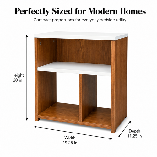 A wooden open storage cabinet with a white top and shelf, shown with dimension arrows and text indicating height 20 in, width 19.25 in, and depth 11.